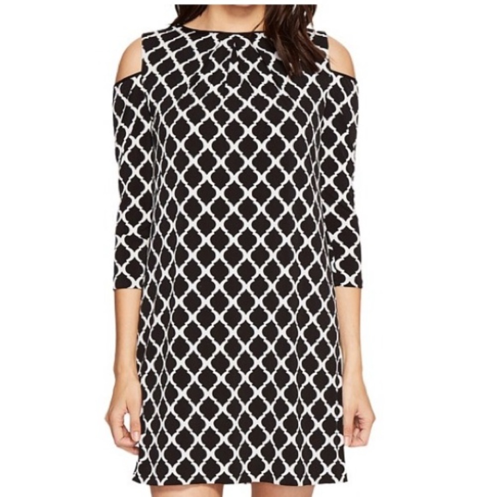 Tahari Black and White Cold-Shoulder Patterned Dress